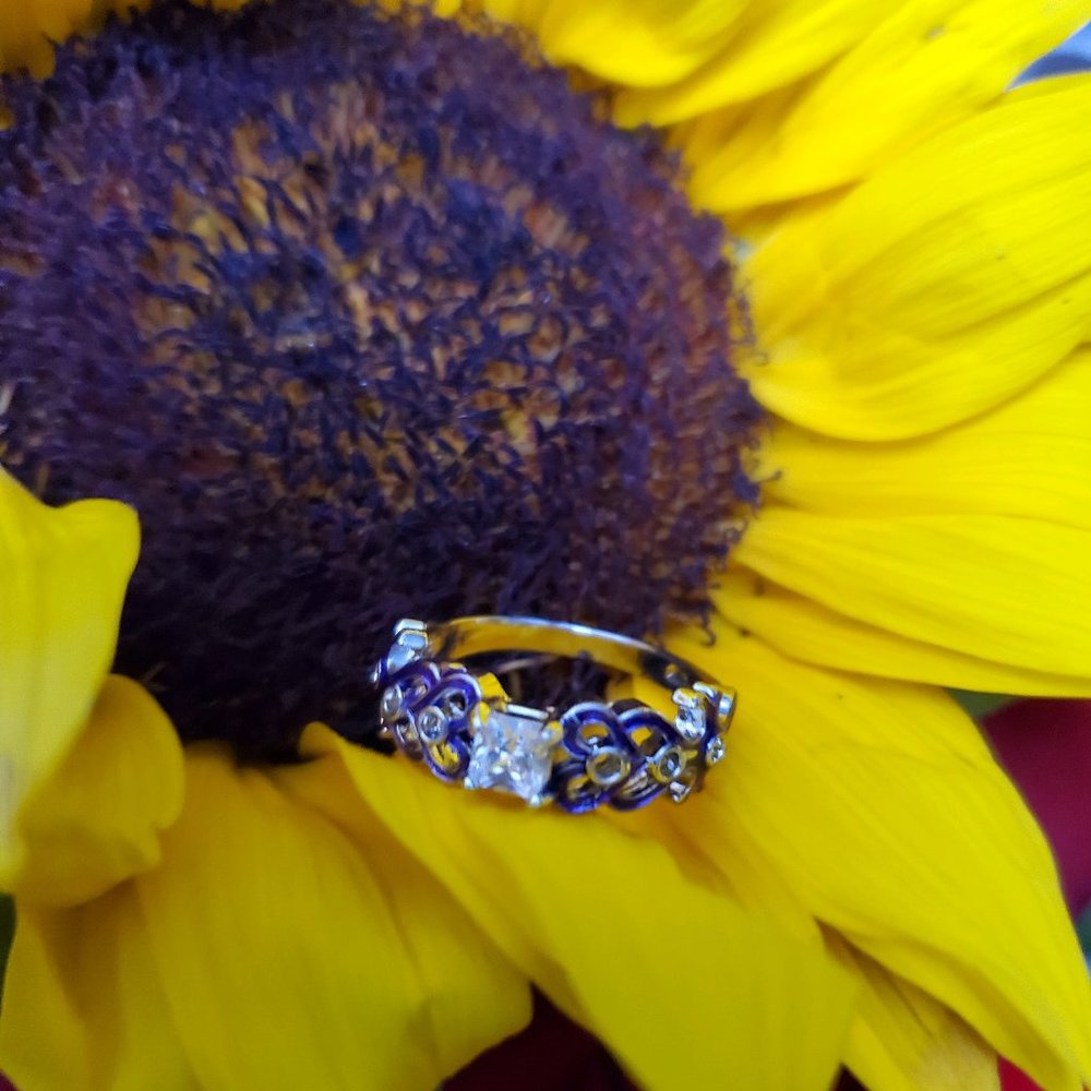 New Silver Princess Cut Ring Purple Trim on Band